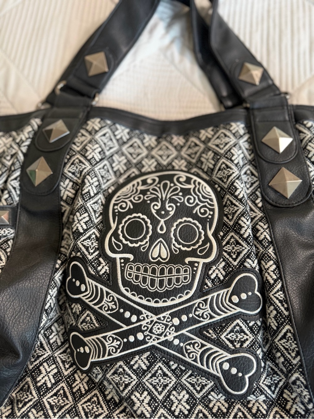 Loungefly Black & White Sugar Skull Shoulder Bag with Stud Accents - Picture 2 of 10